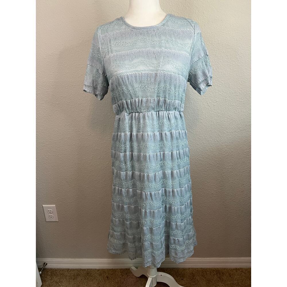 Citrus & Lemon Dress Women's L Blue Lace Elastic Waist Knee Length Modest Chic